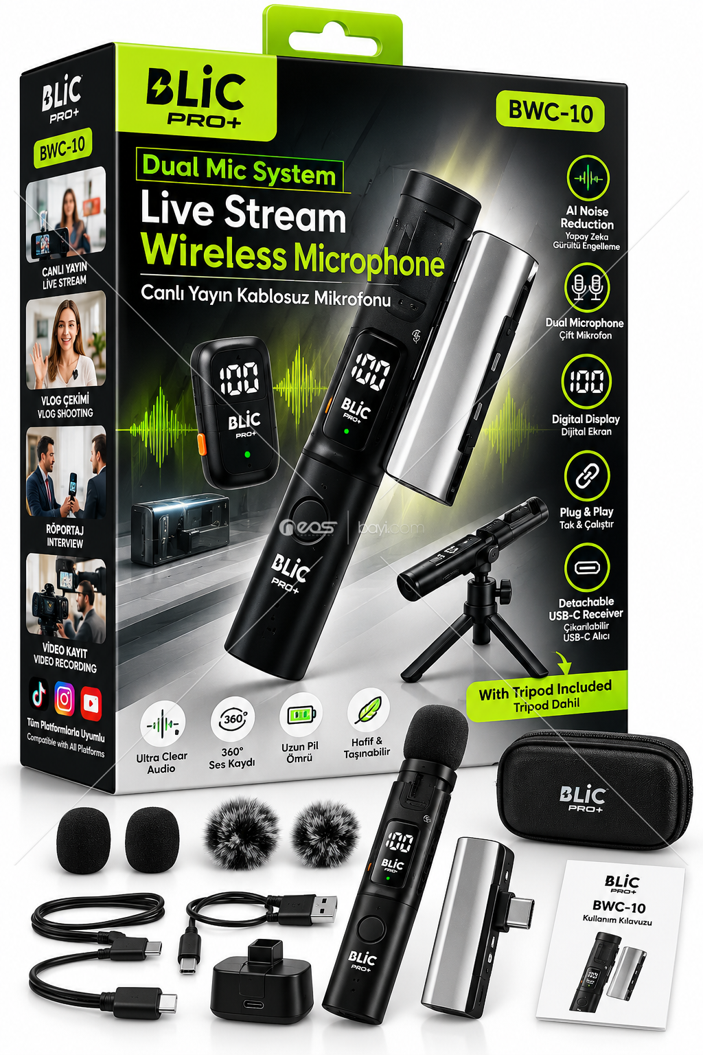 BLİC PRO+ BWC-10 Dual Mic System – Kablosuz Çift Mikrofon Seti, AI Gürültü Engelleme, Dijital Ekran, USB-C Alıcı ve Tripodlu
