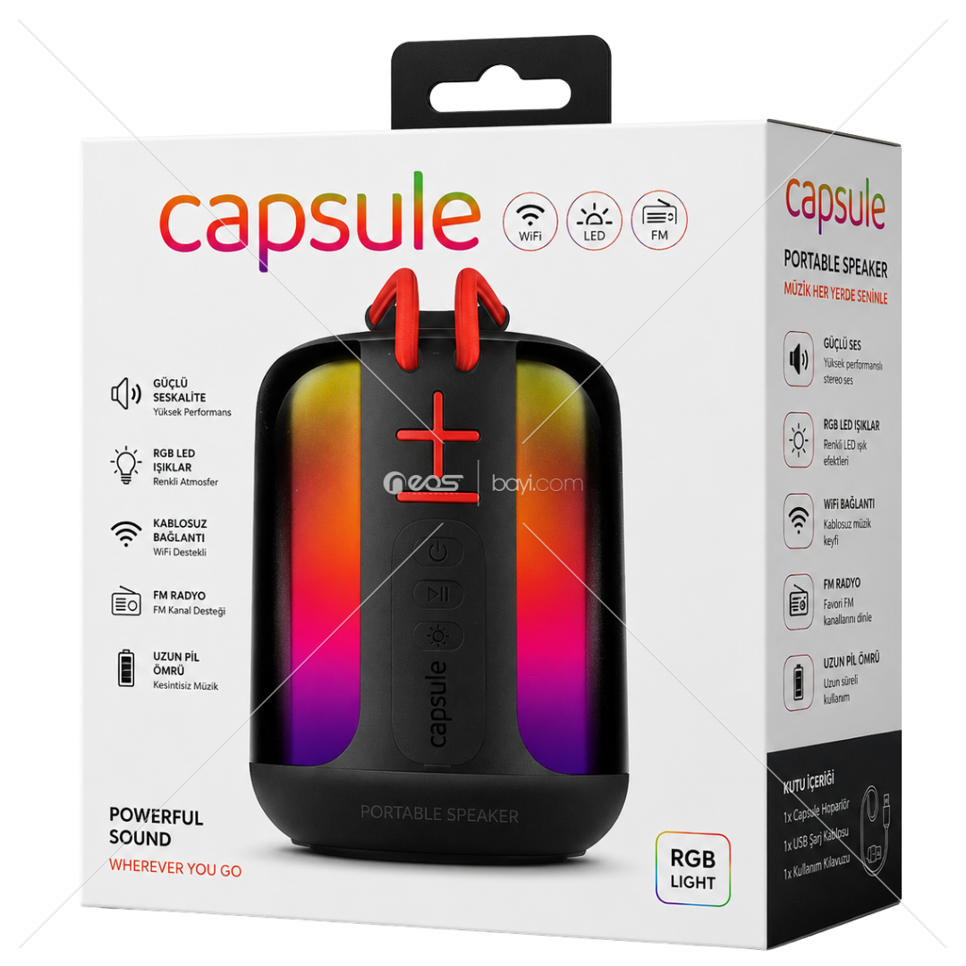 Capsule X1 RGB Işıklı Taşınabilir Bluetooth Hoparlör - FM Radyo, Kablosuz Bağlantı, Uzun Pil Ömrü