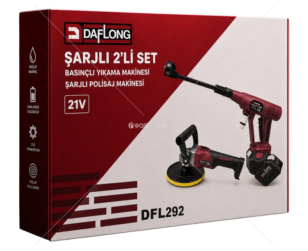 DAFLONG DFL292 21V Şarjlı Kablosuz Pasta Cila ve Basınçlı Oto Yıkama Seti 2 Bataryalı Brushless Motor