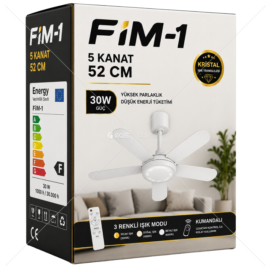 FİM-1 Kristal Işıklı Tavan Vantilatörü 52 CM – Kumandalı 5 Kanat