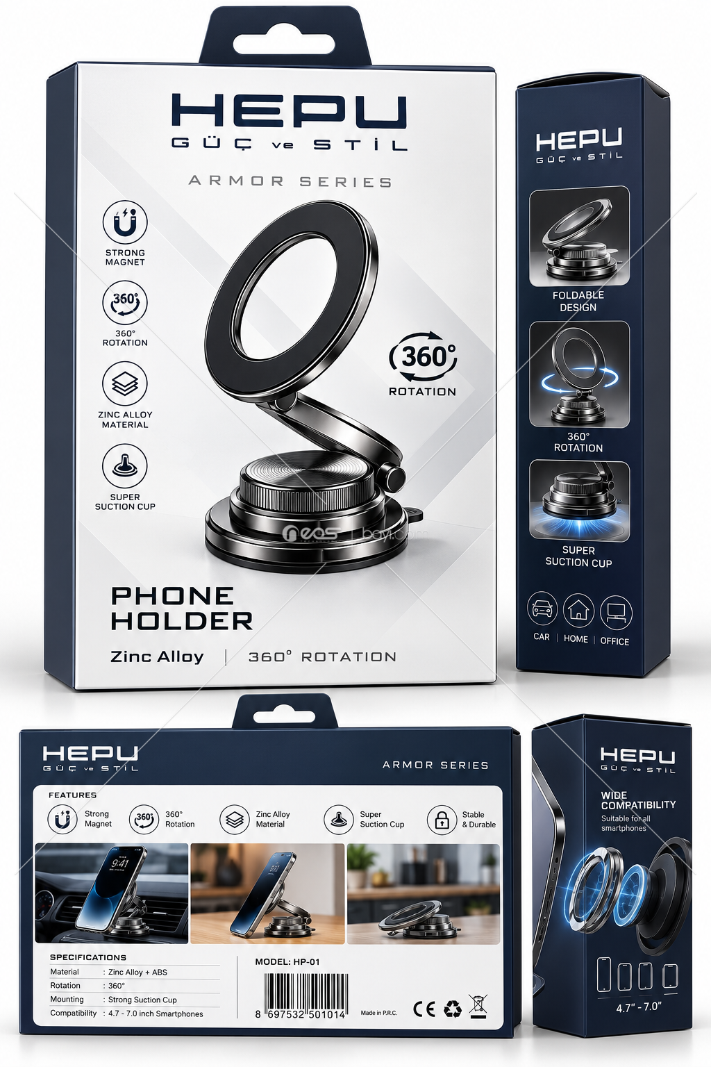 HEPU Armor Series 360° Manyetik Telefon Tutucu – Güçlü Vakumlu Zinc Alaşım