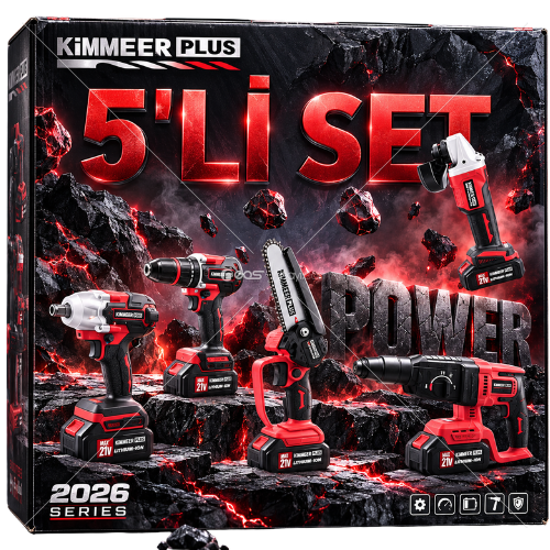 KİMMERPLUS 5’Lİ PROFESYONEL 21V AKÜLÜ POWER SET – SOMUN SIKMA, ŞARJLI MATKAP, ZİNCİRLİ TESTERE, KIRICI DELİCİ & AVUÇ TAŞLAMA