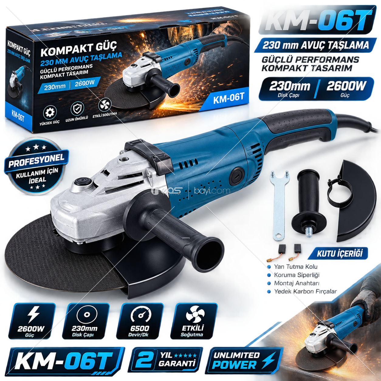 KM-06T 2600W 230MM Profesyonel Avuç Taşlama Makinesi – 6500 Devir/Dk