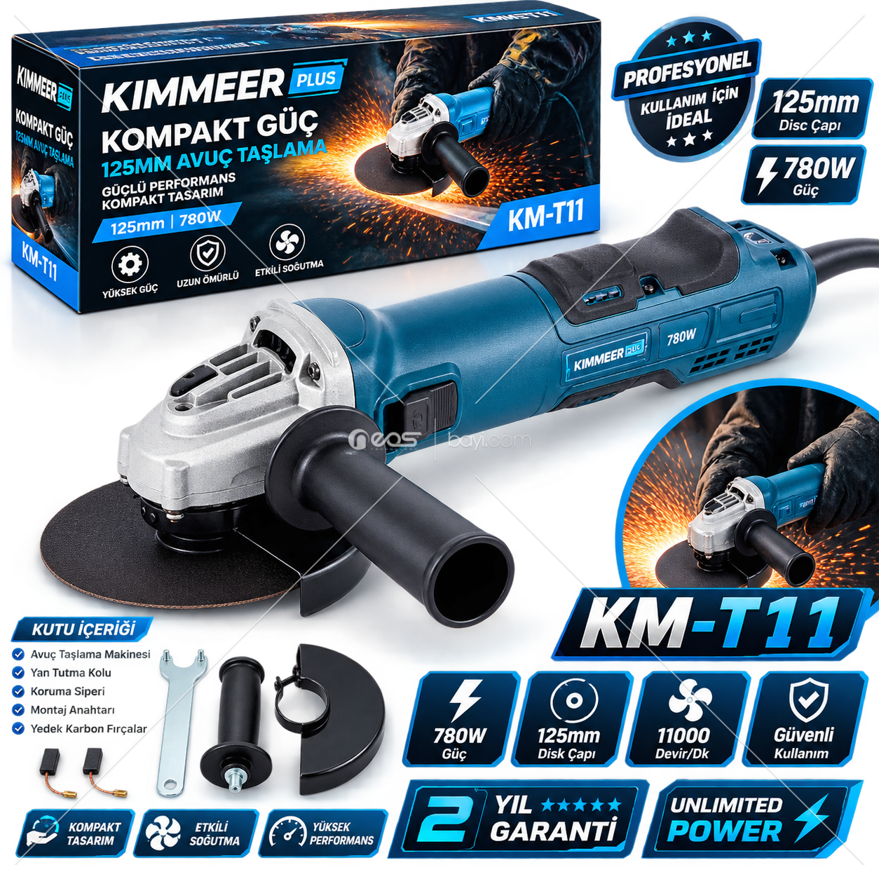 KM-11T 780W 125MM Profesyonel Avuç Taşlama Makinesi – 11.000 Devir/Dk