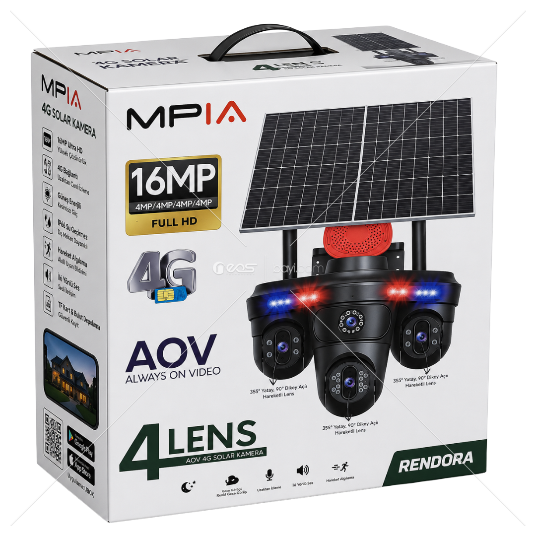 MPIA 16MP 4 Lens 4G Solar Güvenlik Kamerası | AOV Teknolojili | SIM Kart Destekli | Ultra HD