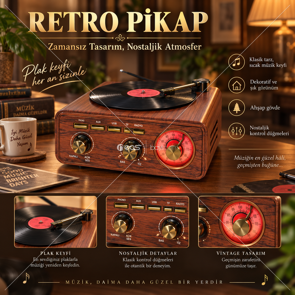 O-KAM OK-MD-1317BT Bluetooth Retro Plak Çalar Müzik Kutusu – Radyo, USB/TF Kart, AUX Girişli, Ahşap Görünümlü Nostaljik Müzik Sistemi