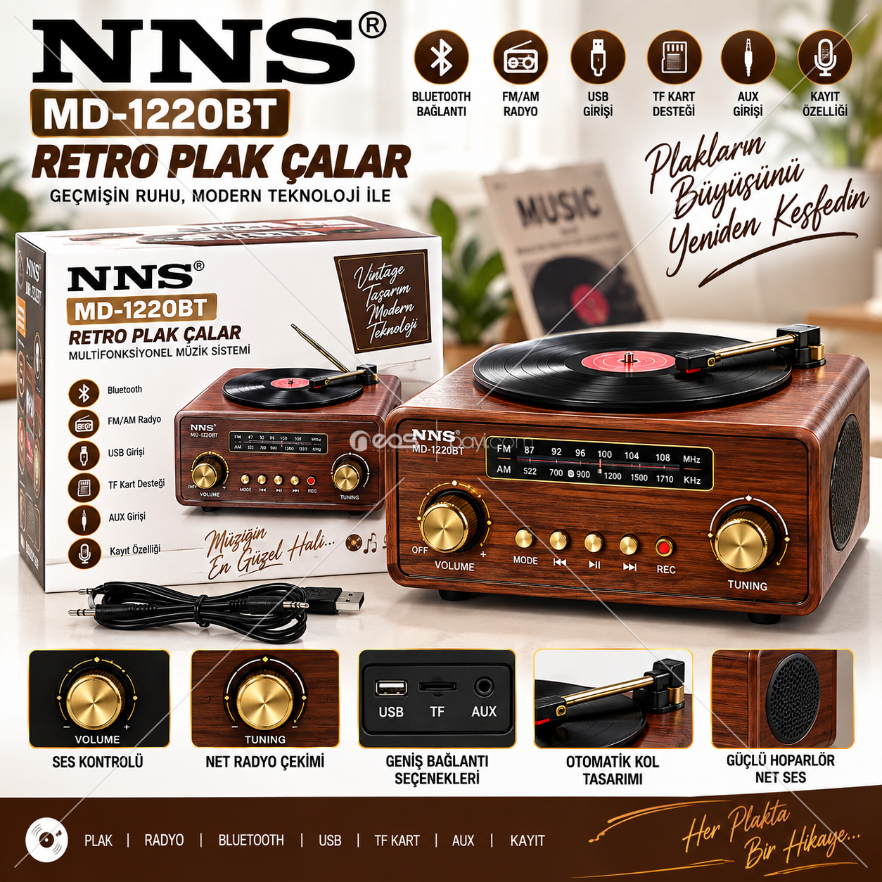 O-KAM OK-MD-1320BT Bluetooth Retro Plak Çalar Müzik Kutusu – FM/AM Radyo, USB/TF Kart Destekli, AUX Girişli, Kayıt Özellikli Nostaljik Müzik Sistemi