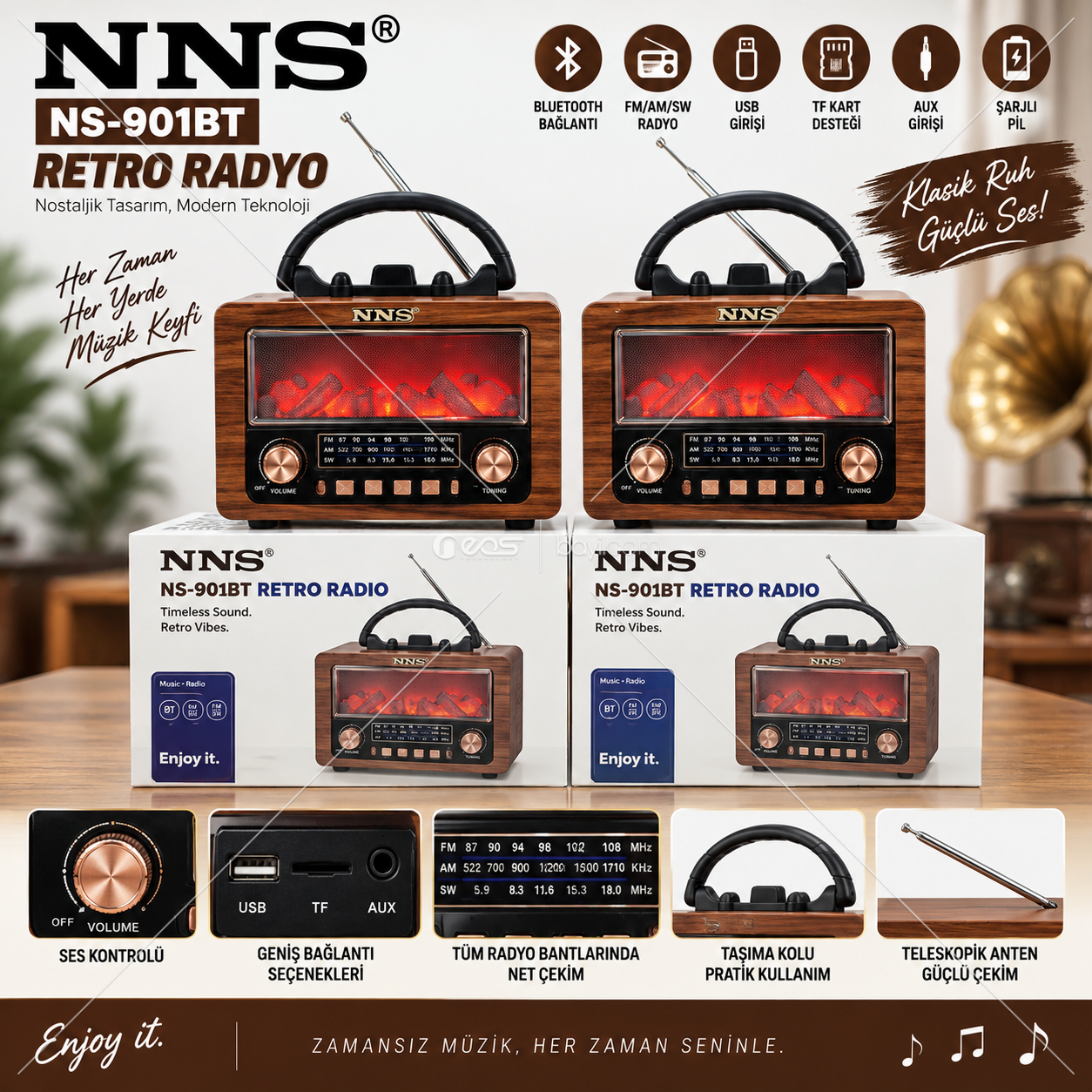 O-KAM OK-NS-901BT Bluetooth’lu Şarjlı Retro Radyo Müzik Kutusu – FM/AM/SW, USB / TF Kart / AUX, Taşıma Kollu Nostaljik Tasarım