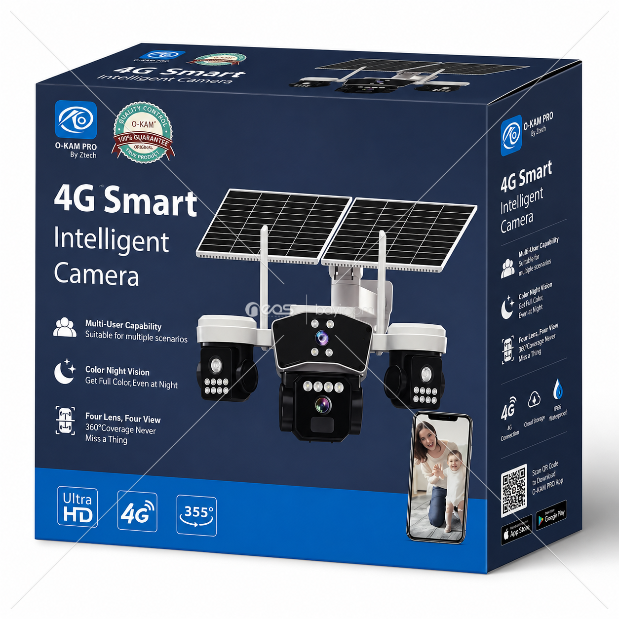OK-S-333 Solar Guardian X4 4G Akıllı Güvenlik Kamerası – 4 Lens, 360° Görüş, Ultra HD, Renkli Gece Görüşü, Çift Güneş Paneli
