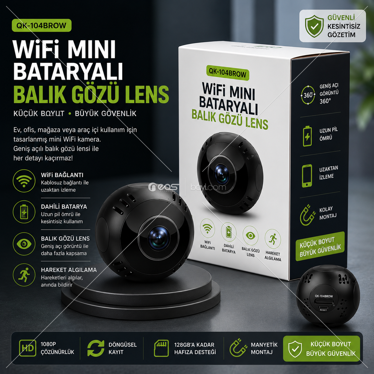 OKAM QK-104BROW 360° WiFi Mini Güvenlik Kamerası | Bataryalı | Balık Gözü Lens | Hareket Algılama | 1080P HD