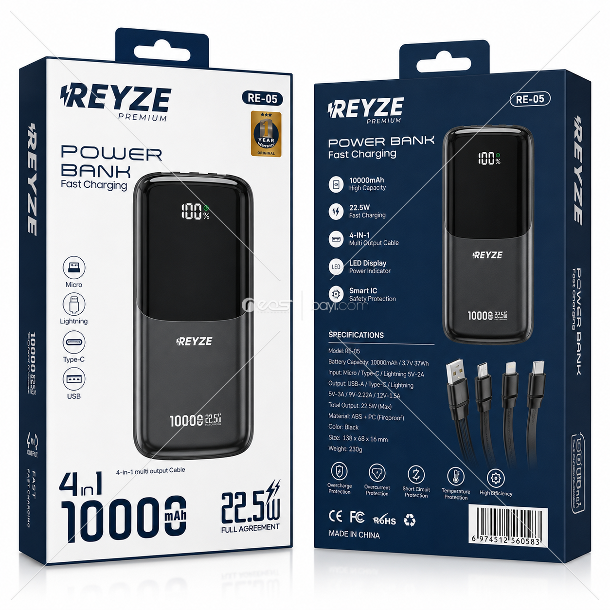 REYZE RE-05 10000 mAh 22.5W Dijital Göstergeli Powerbank – 4 in 1