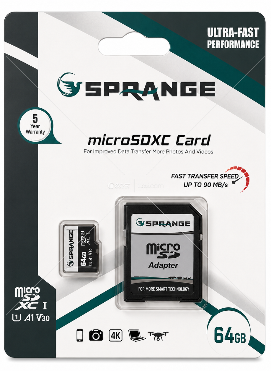 SPRANGE 64GB microSDXC Hafıza Kartı U3 A1 V30 90MB/s 4K Ultra HD SD Adaptörlü