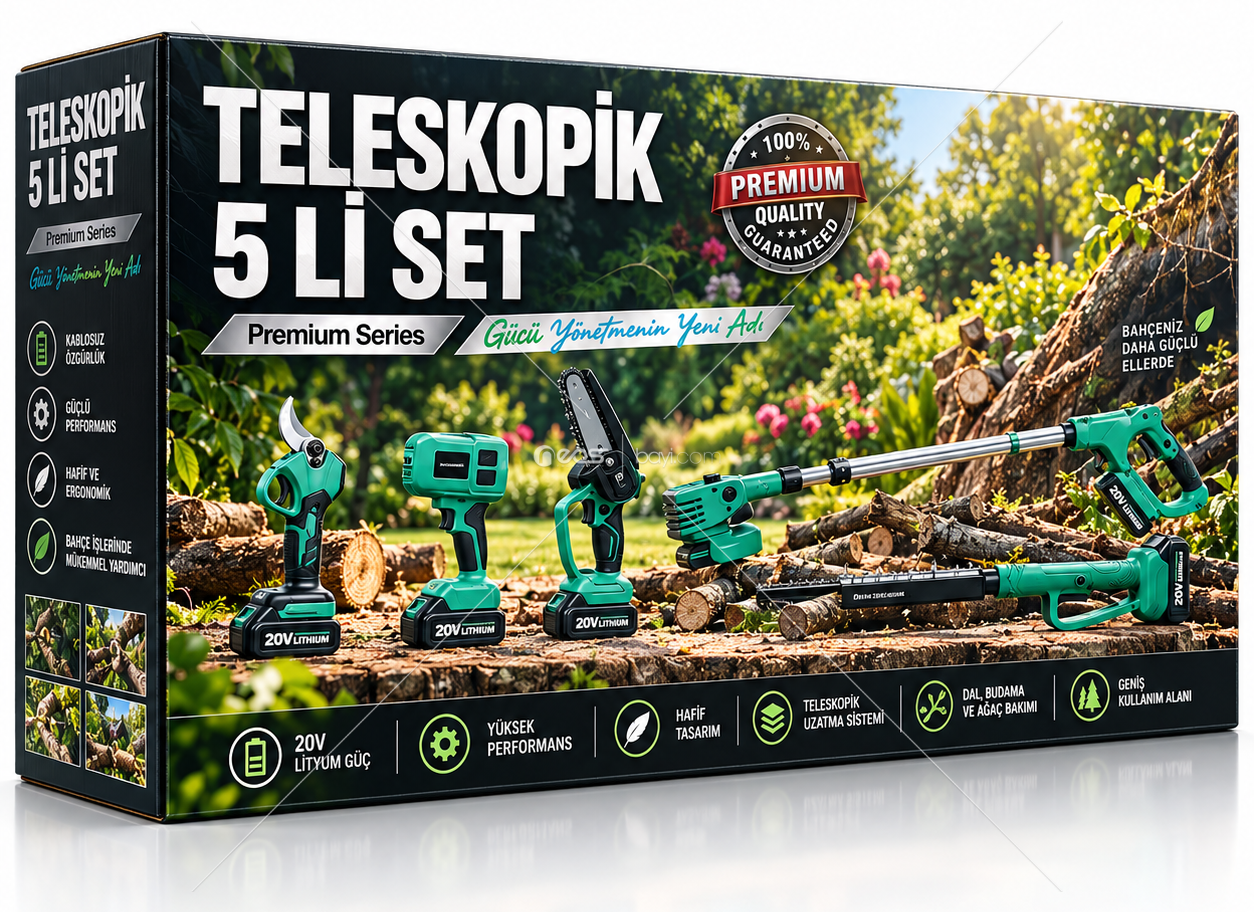 TELESKOPİK 5’Lİ PROFESYONEL 20V LİTYUM BAHÇE BAKIM SETİ – BUDAMA MAKASI, ÜFLEME, ŞARJLI TESTERE & TELESKOPİK DAL BUDAMA SETİ